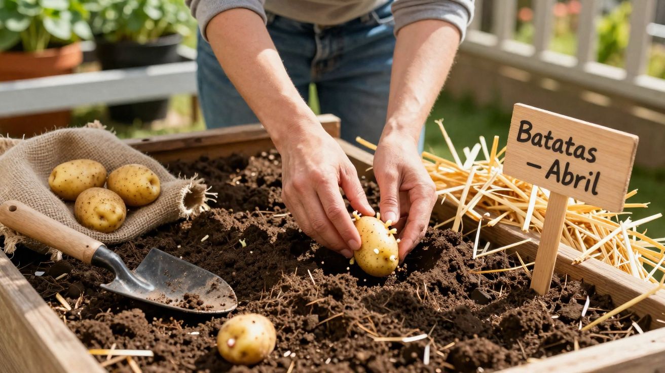 Mãos a plantar batatas germinadas numa cama de terra, com placa a indicar batatas para abril.