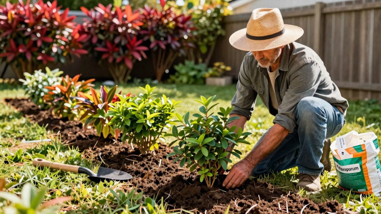 Homem com chapéu a plantar arbusto num jardim com plantas coloridas e terra fresca.