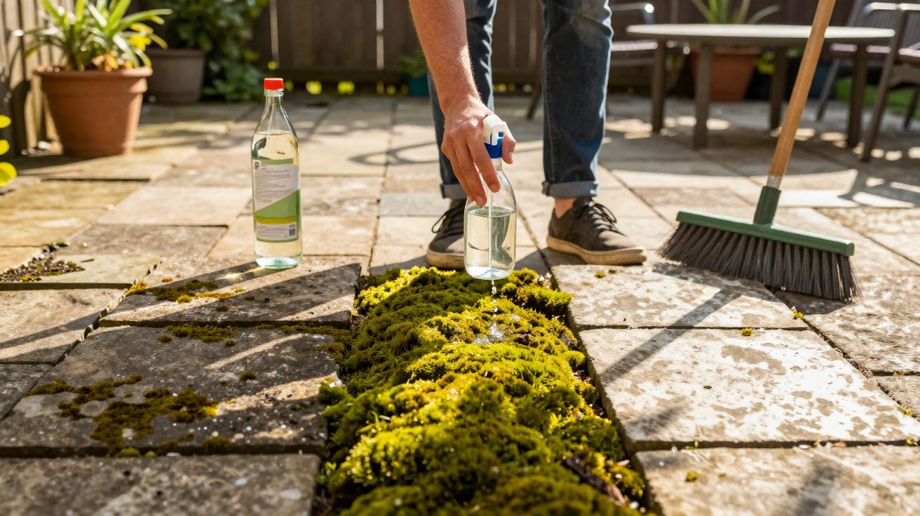 Pessoa a aplicar solução líquida em musgo entre pedras num pátio exterior com vassoura ao lado.