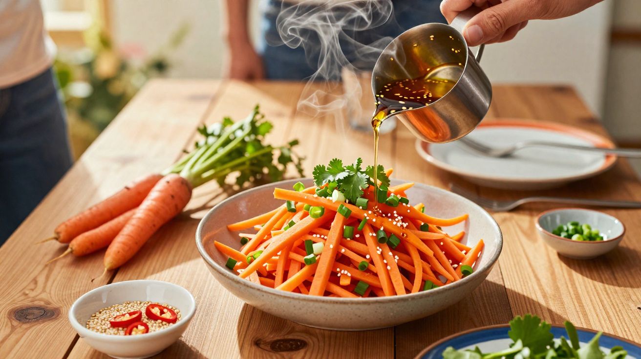 Mãos a servir molho quente sobre salada de cenoura cortada em palitos com coentros num prato branco.