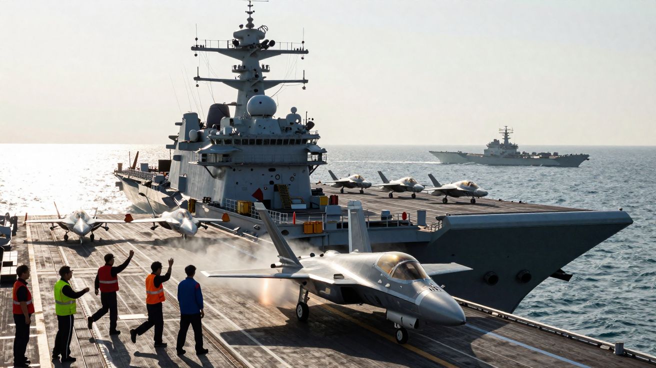 Porta-aviões em mar aberto com várias aeronaves e tripulantes a prepararem descolar um caça.
