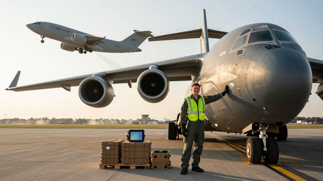Homem em colete de segurança posa junto a avião militar estacionado, com outro avião a descolar ao fundo.