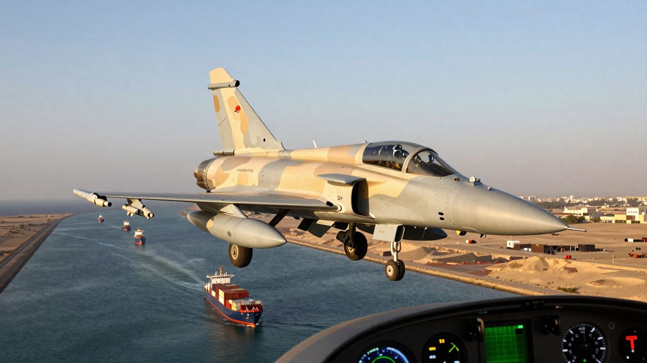 Caça militar camuflado a voar baixo sobre canal marítimo com navios e vista parcial do painel de controlo da aeronave.