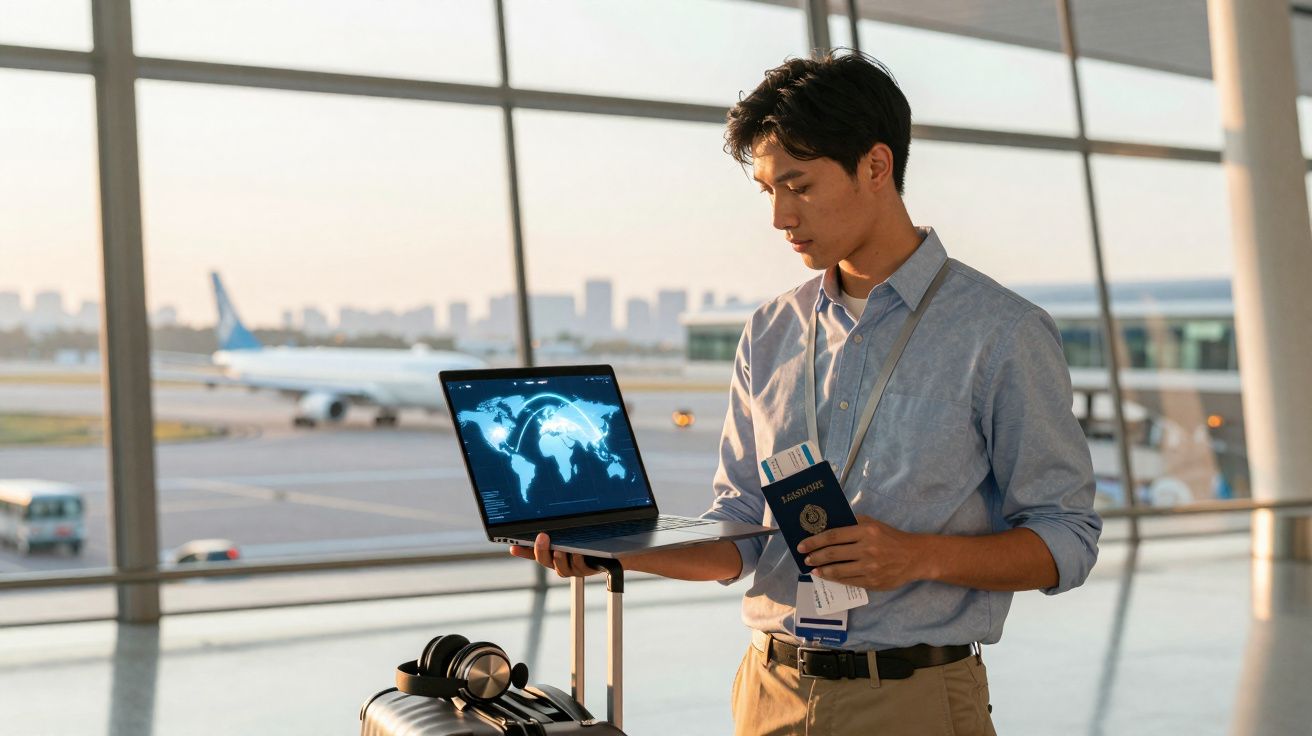 Homem em aeroporto a segurar portátil com mapa-múndi, passaporte e cartão de embarque junto à mala de viagem.
