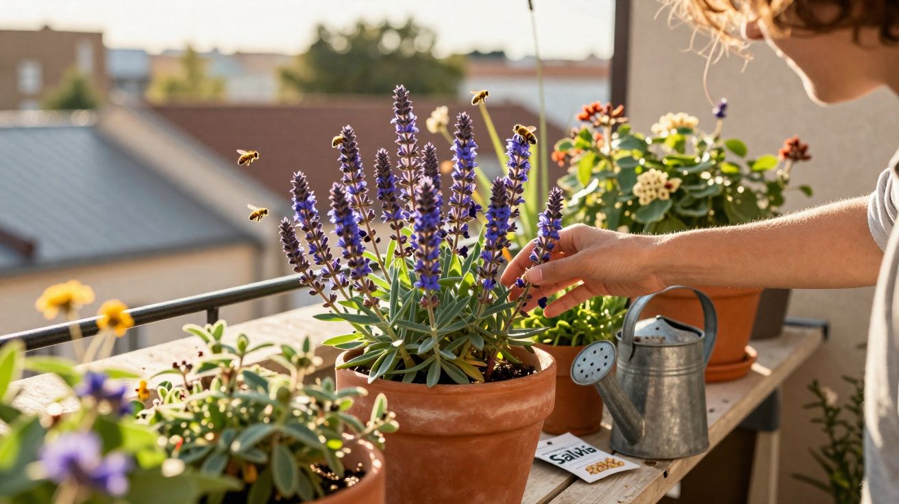 Plantas em vasos num varandas com várias abelhas a voar e uma mão a tocar numa flor violeta.