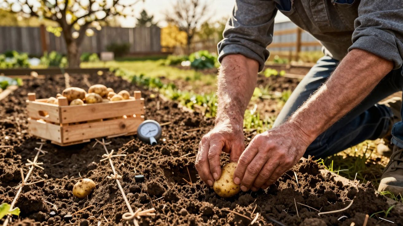 Pessoa a plantar batatas na terra de uma horta ao ar livre com uma caixa de batatas ao fundo.
