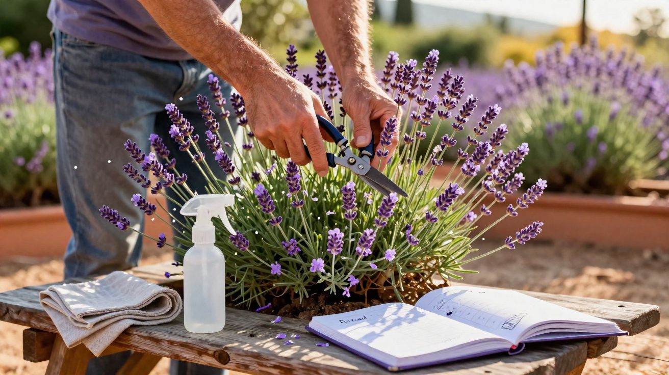 Pessoa a podar flores roxas de lavanda numa mesa com frasco de spray, pano e caderno aberto.