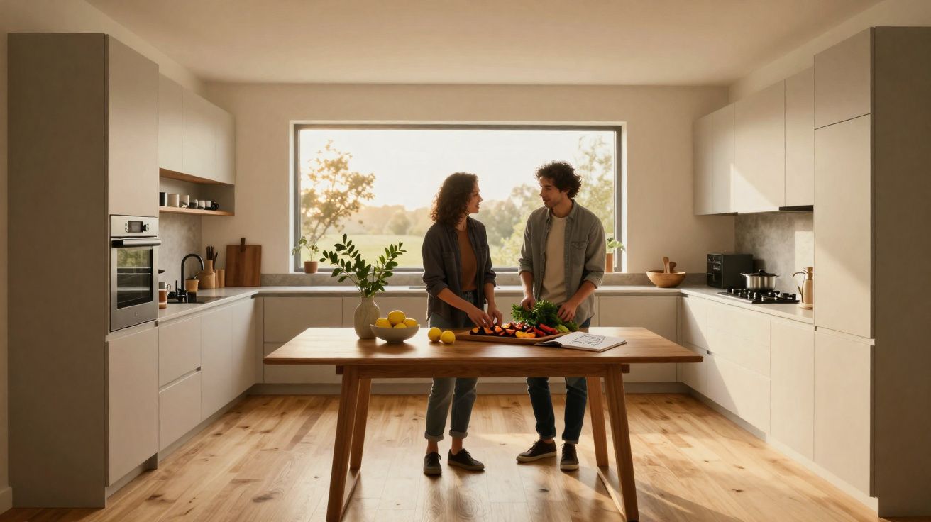 Casal a preparar legumes numa cozinha moderna com grande janela ao fundo e mesa de madeira ao centro.