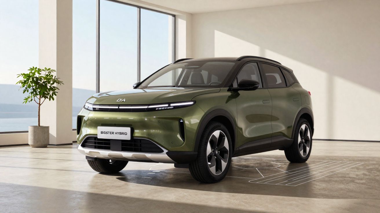 SUV híbrido verde com tejadilho preto estacionado em espaço interior minimalista com grande janela.