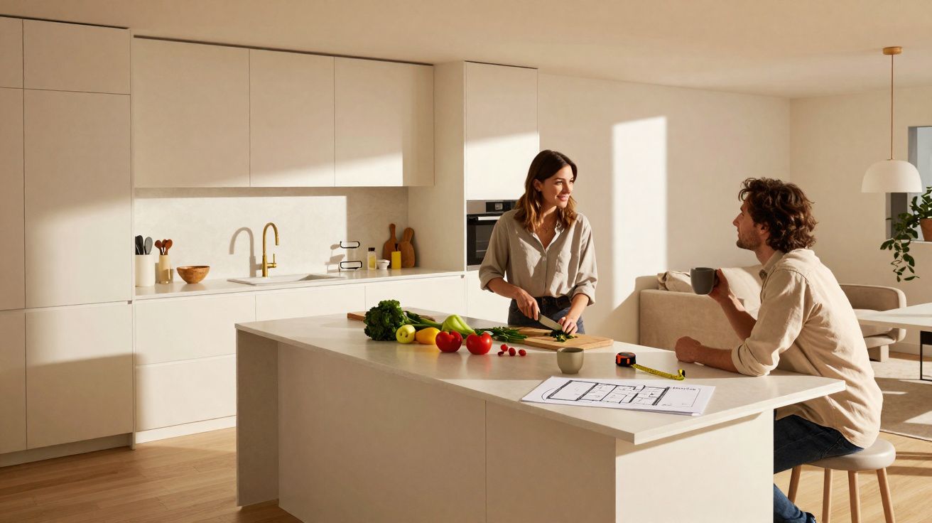 Homem e mulher numa cozinha moderna, mulher a cortar legumes e homem a beber café no balcão da ilha.