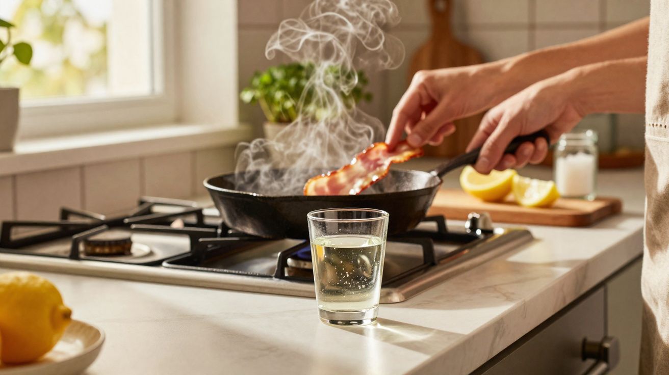 Mãos a fritar bacon numa frigideira a gás numa cozinha iluminada com um copo de bebida à frente.