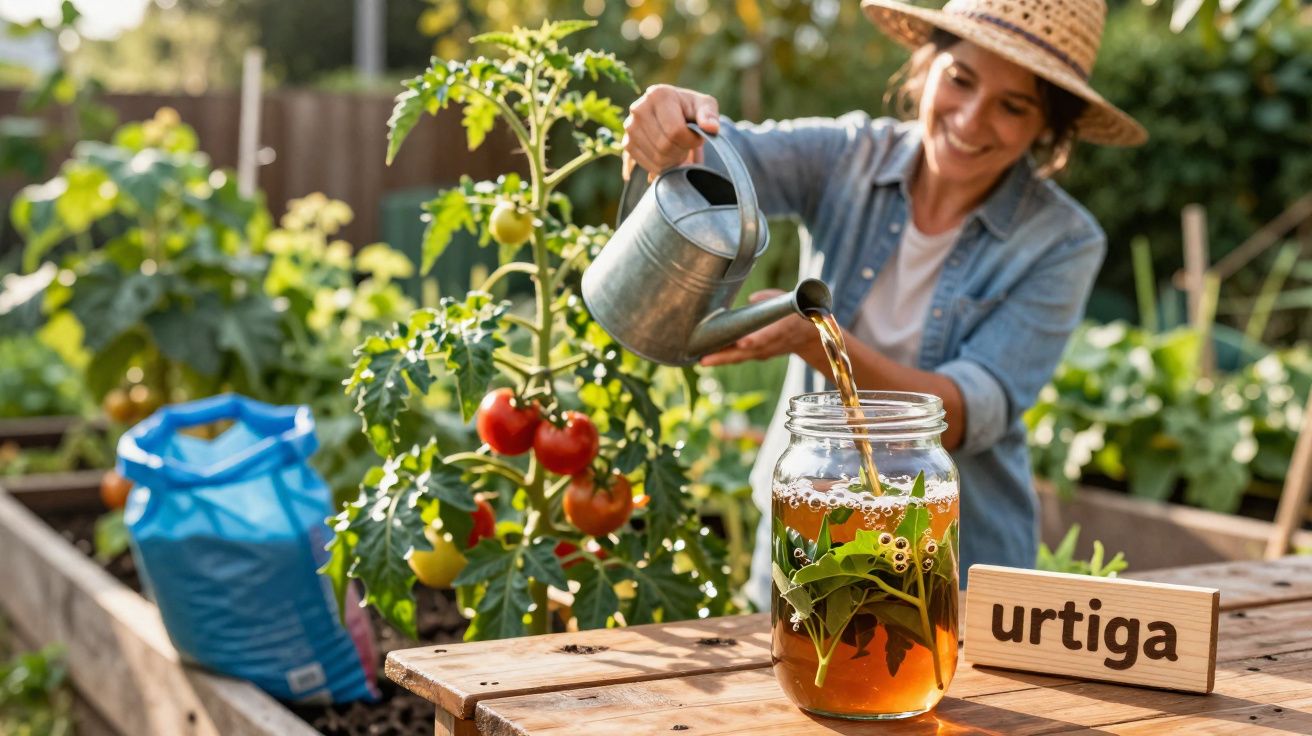 Mulher a preparar chá com urtiga em jarro num jardim com planta de tomateiros ao fundo.