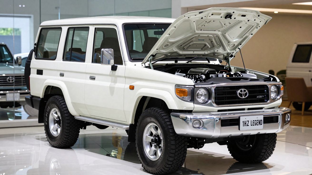 Carro todo-o-terreno Toyota Land Cruiser branco com capot aberto para mostrar o motor.