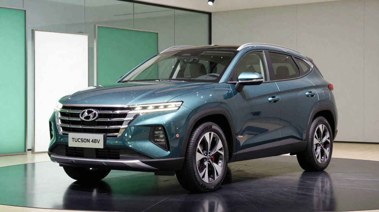 SUV Hyundai Tucson 48V azul exposto em ambiente interior moderno.