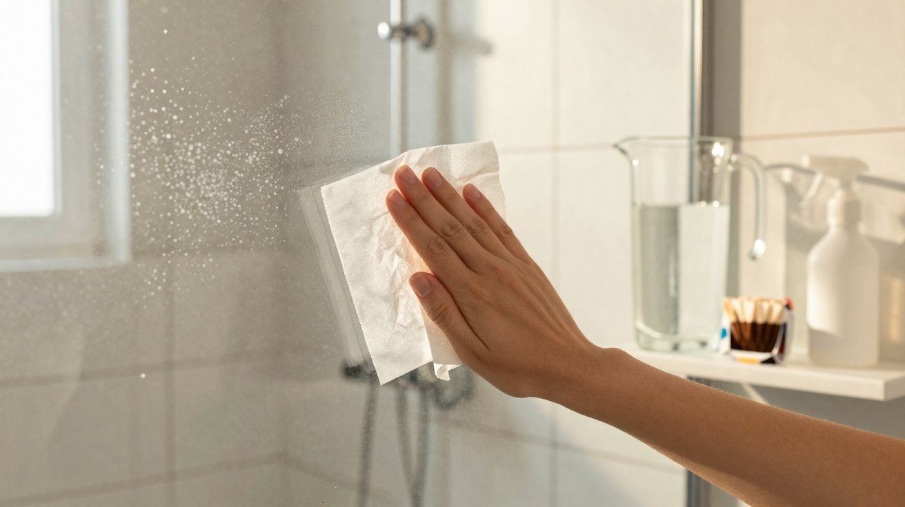 Mão limpa vidro do chuveiro com pano branco numa casa de banho bem iluminada.