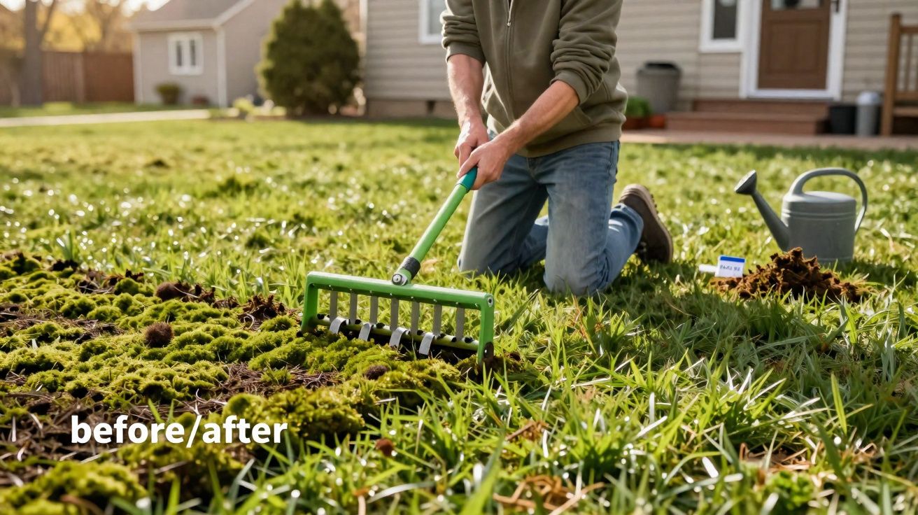Pessoa a remover musgo do relvado num jardim com ancinho, com regador ao lado.
