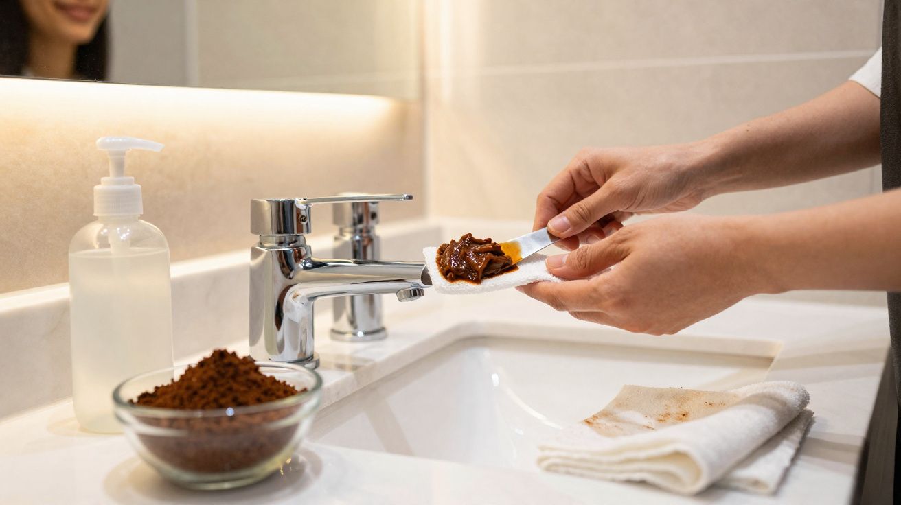 Mãos a aplicar uma máscara facial caseira marrom no rosto usando um pincel em casa, próximo a pia e espelho.