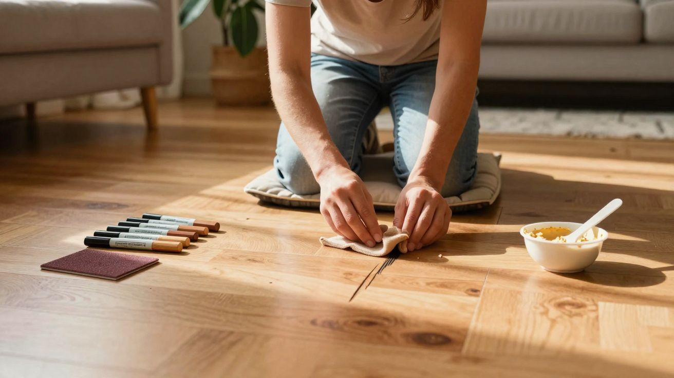 Pessoa a reparar riscos no chão de madeira usando produtos e ferramenta de manutenção doméstica.