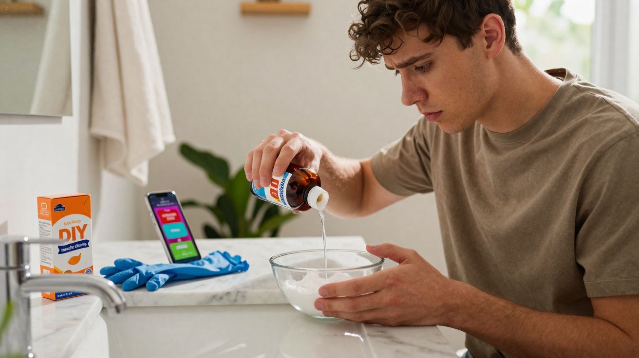 Homem jovem numa casa de banho a preparar uma solução de limpeza caseira num recipiente de vidro.