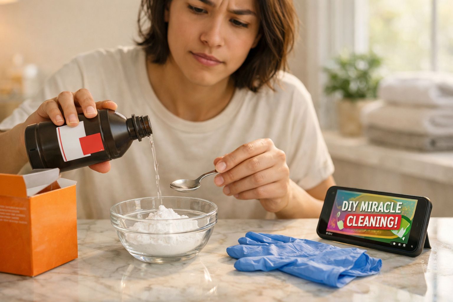 Mulher a preparar mistura de limpeza caseira, com líquido a ser vertido numa tigela de vidro e luvas azuis ao lado.