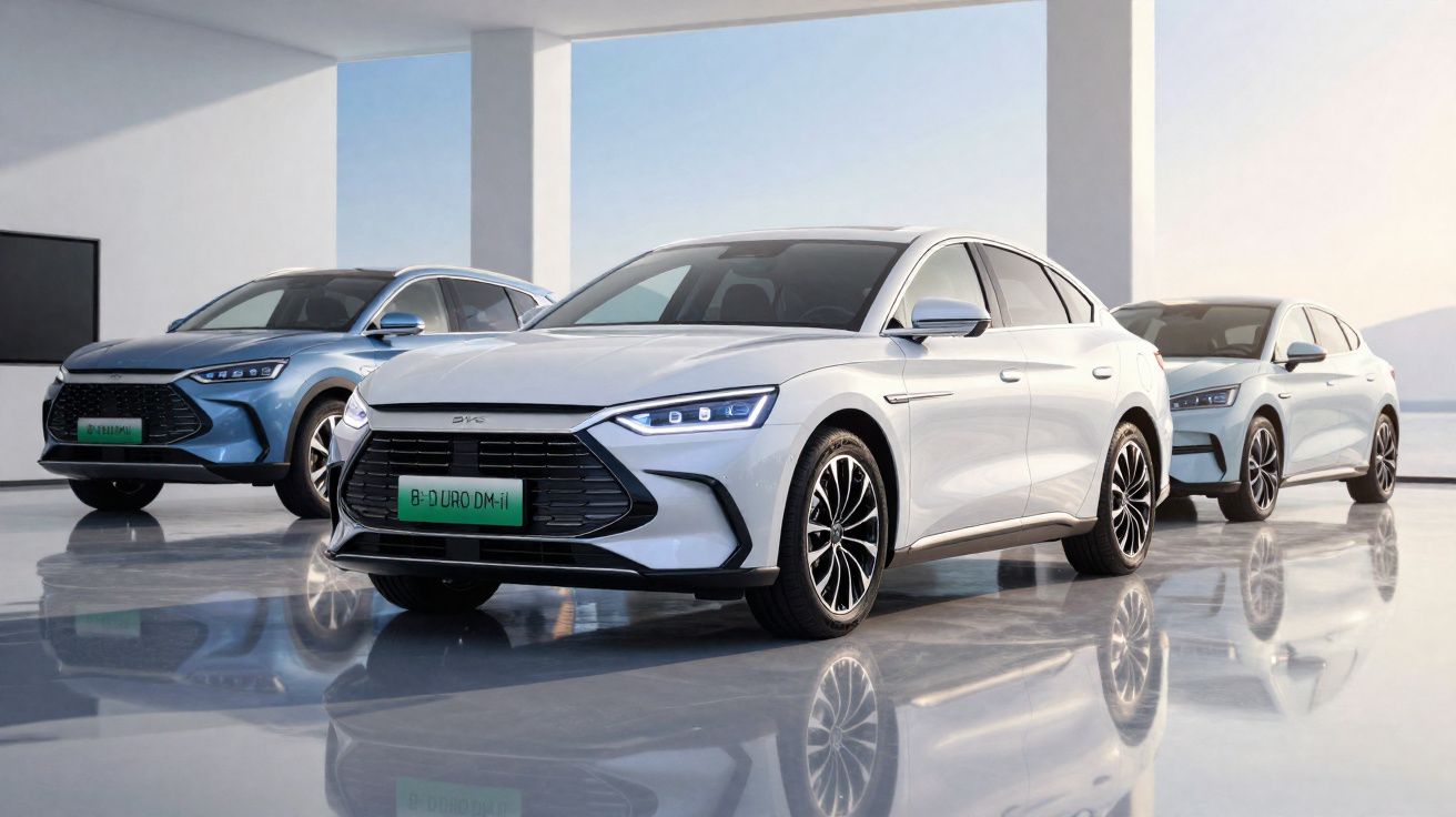 Três carros eléctricos modernos e futuristas estacionados em piso brilhante, num espaço aberto e iluminado.