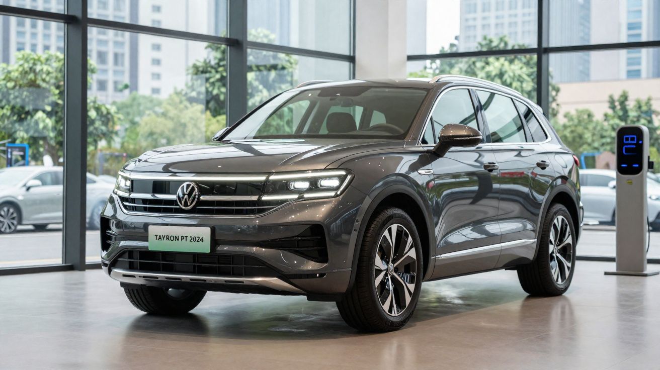 Volkswagen Tayron PT 2024 cinzento exposto numa loja com grandes janelas e ambiente urbano no exterior.