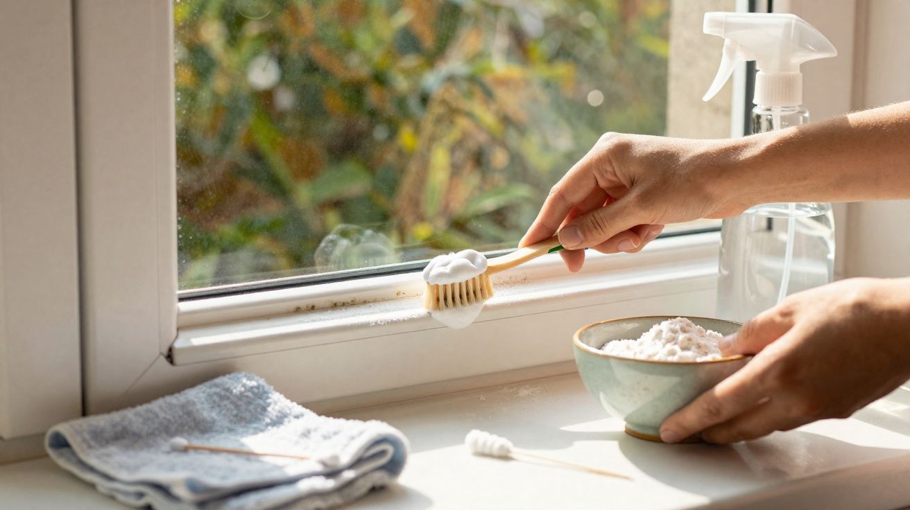 Pessoa a limpar a janela com escova, bicarbonato de sódio e spray de limpeza numa bancada iluminada.