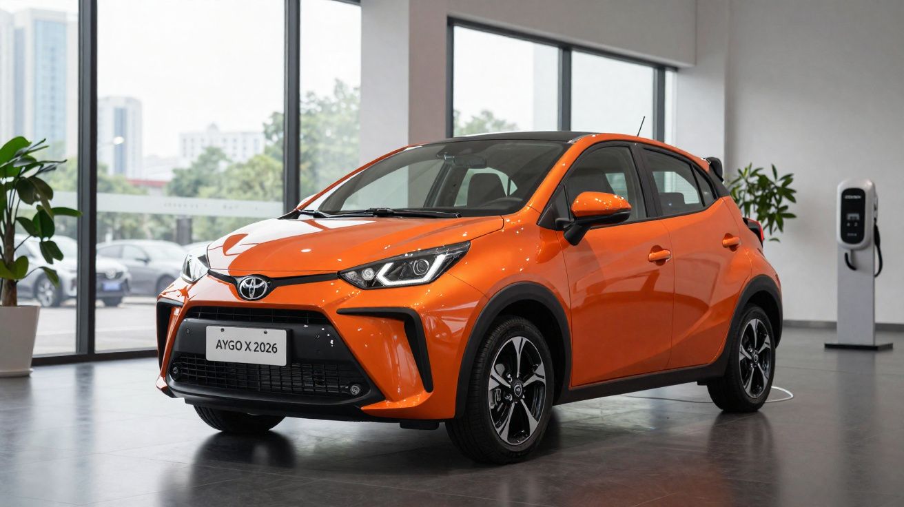 Carro elétrico Toyota Aygo X 2026 laranja num showroom com carregador ao fundo.