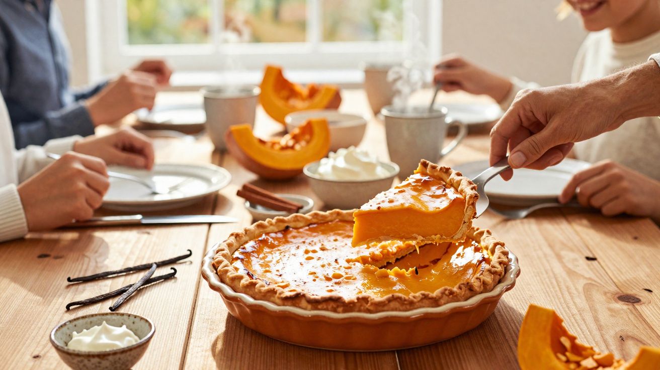Tarte de abóbora a ser servida numa mesa com fatias de abóbora, chantilly e pessoas ao fundo.