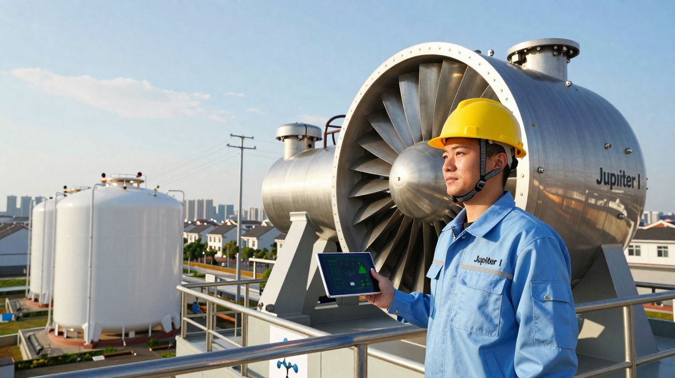 Engenheiro de segurança industrial com capacete amarelo e tablet junto a turbo gerador num parque industrial.