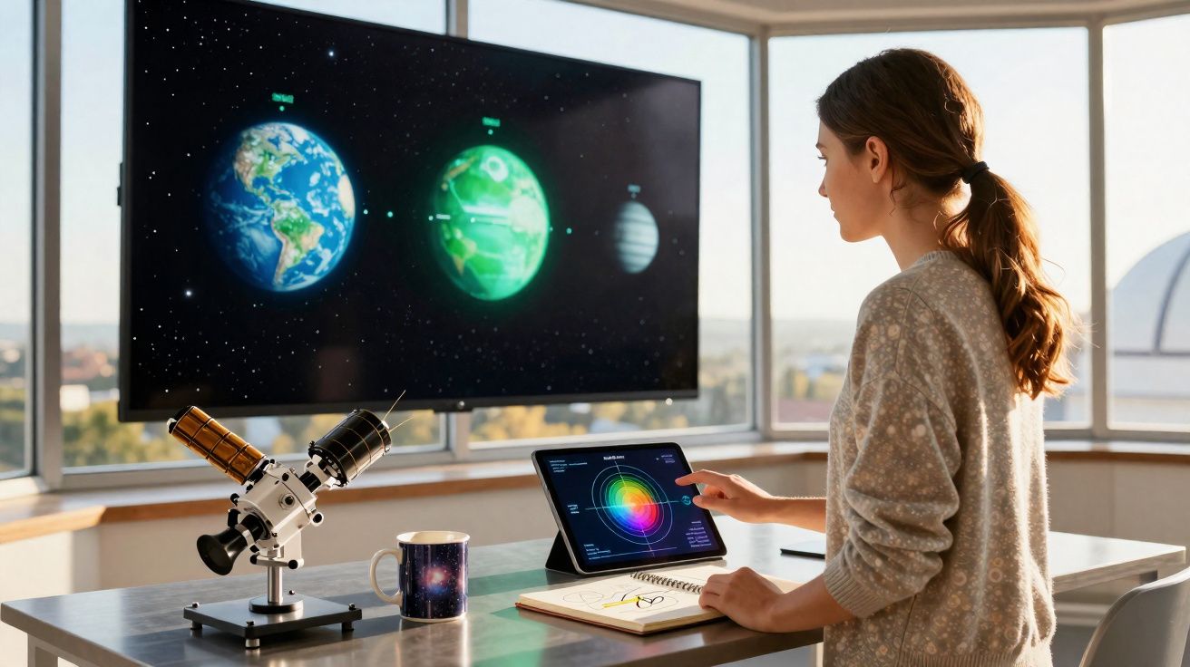 Mulher a usar tablet para estudar sistema solar com telescópio e caderno numa sala luminosa.