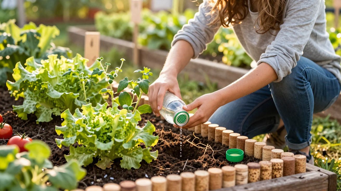Pessoa a regar plantas verdes num jardim hortícola com uma garrafa reciclada.