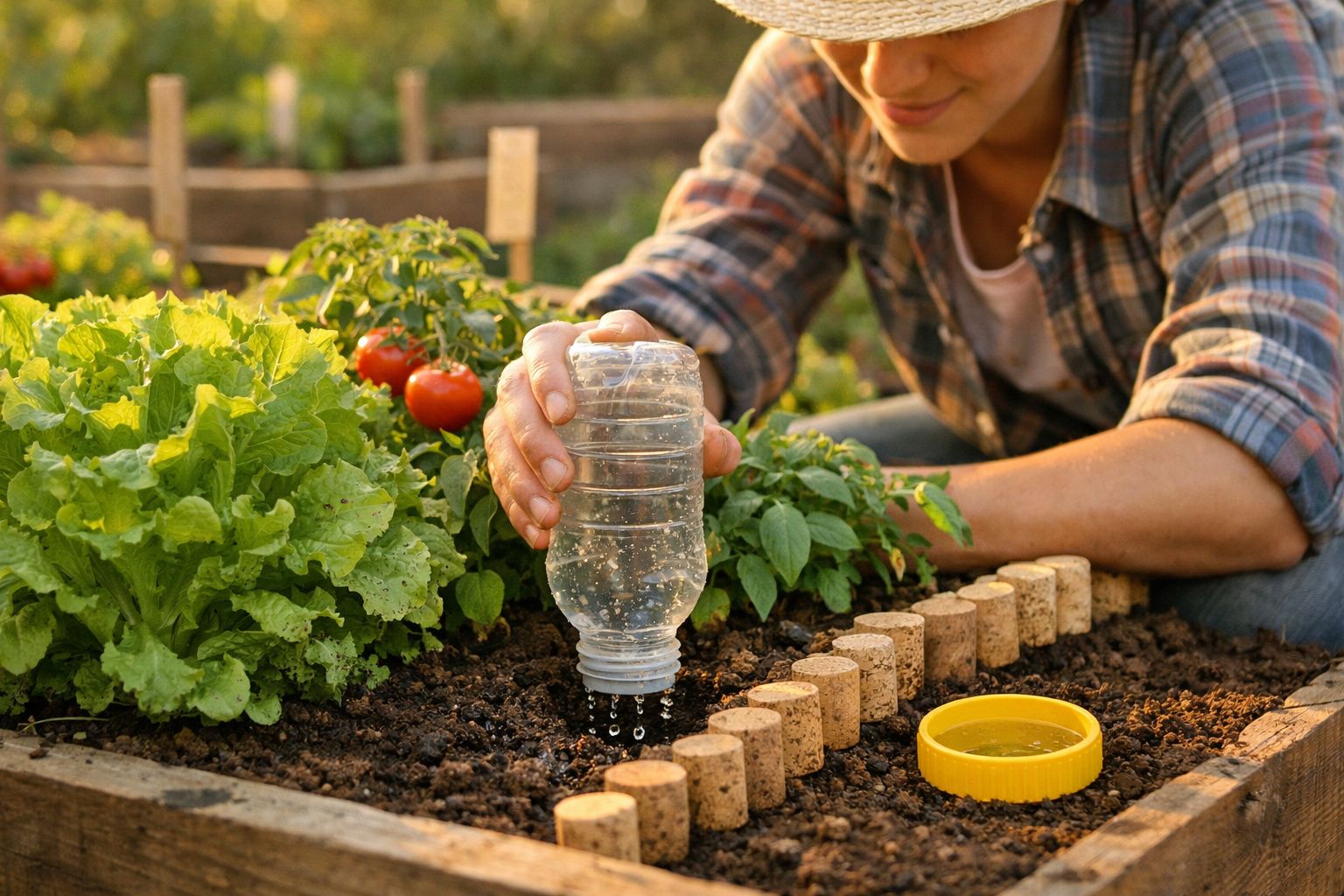 Pessoa a regar plantas numa horta com garrafa plástica reutilizada, rodeada de legumes e folhas verdes.