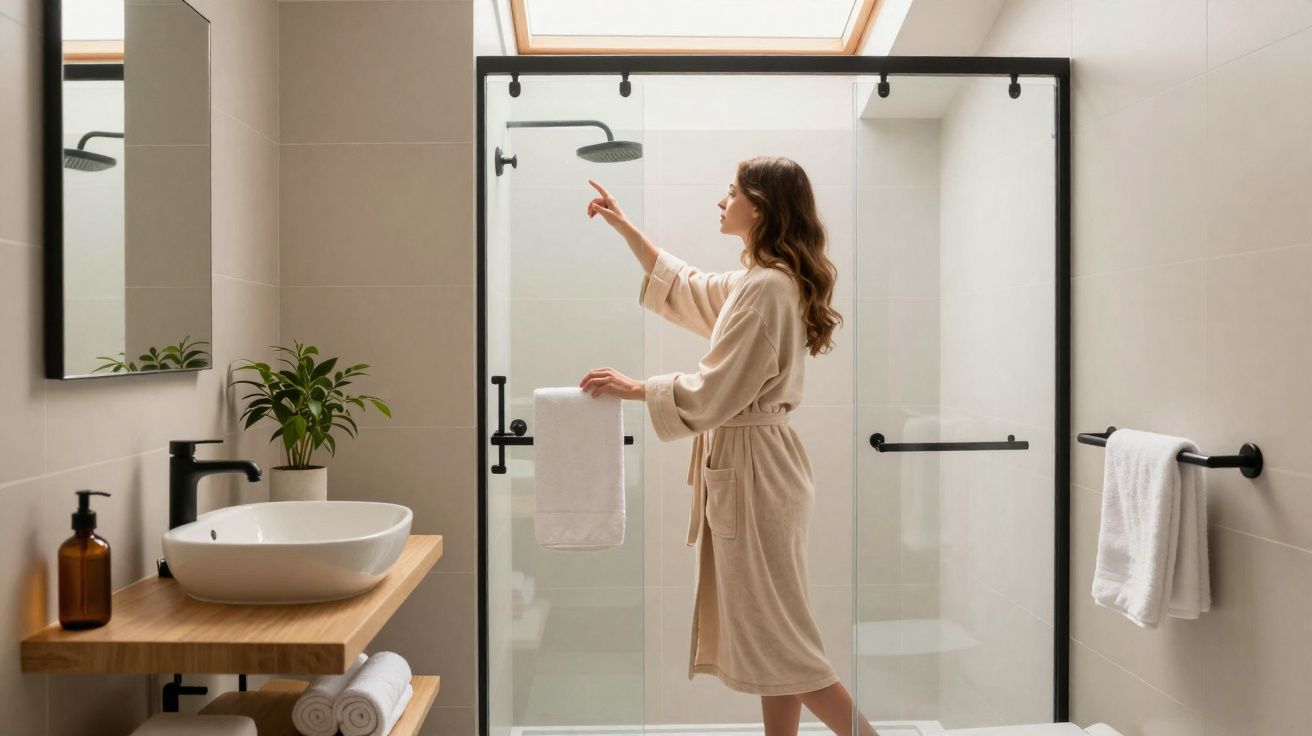 Mulher em bata a abrir cabine de duche em casa de banho moderna e luminosa com plantas e toalhas.