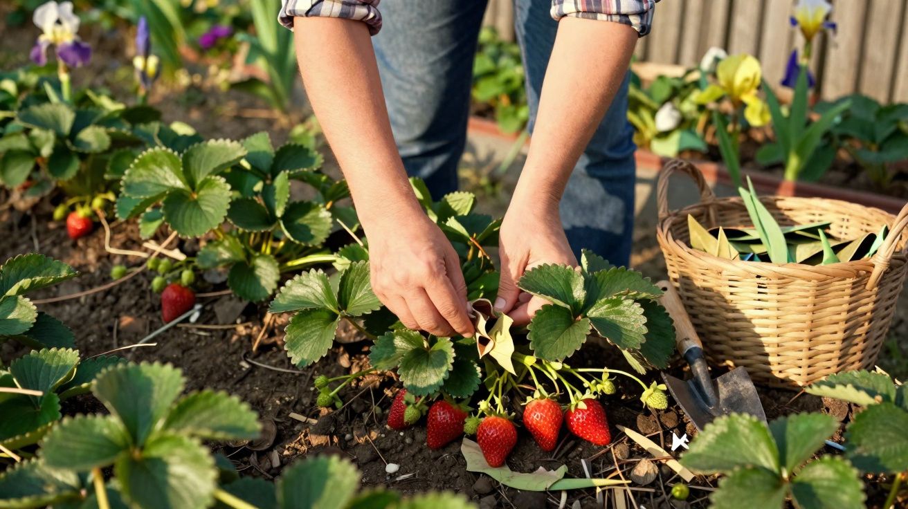 Pessoa a cuidar de plantas de morango num jardim com cesto e ferramentas ao lado.