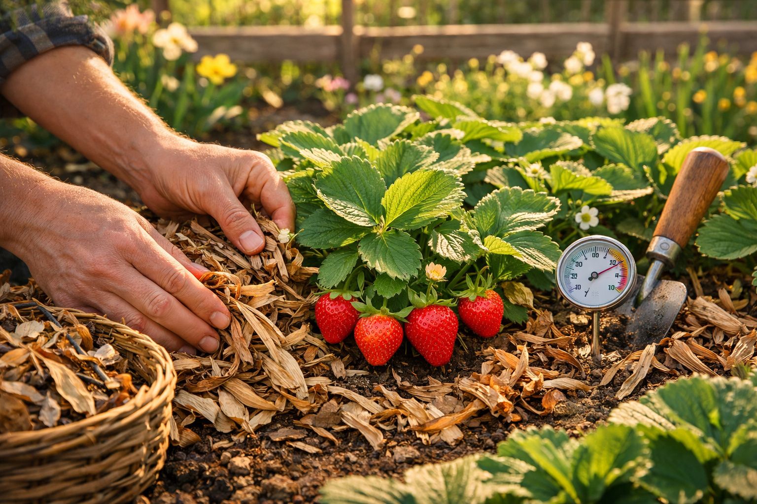 Mãos a cultivar morangos maduros no jardim com terra, palha, termómetro de solo e enxada.
