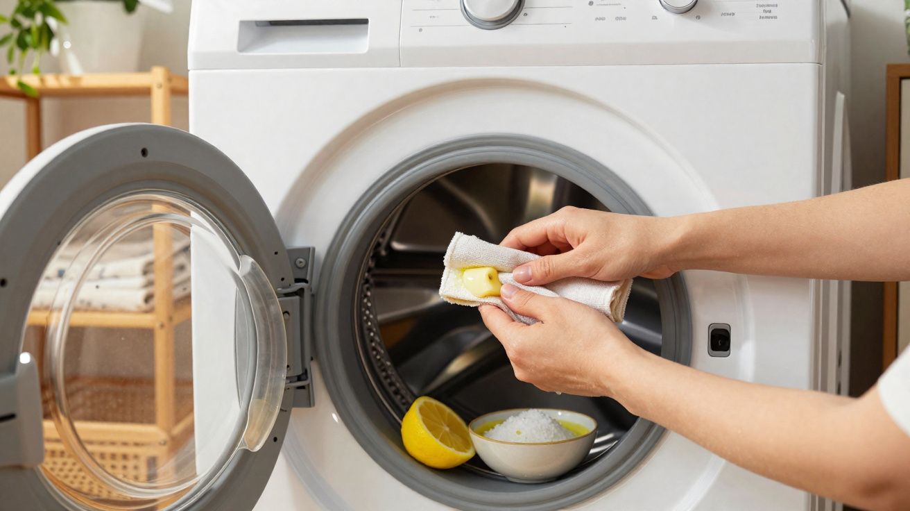 Pessoa a esfregar um limão cortado num pano junto à porta aberta da máquina de lavar roupa.