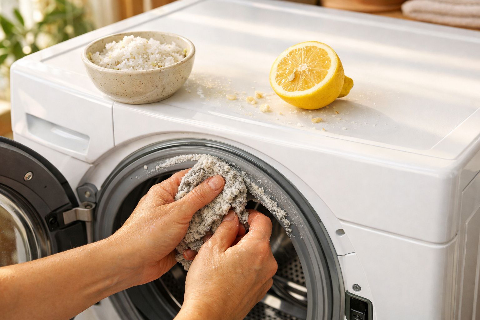 Mãos a esfregar roupa suja com sal grosso perto de uma máquina de lavar e meio limão cortado.