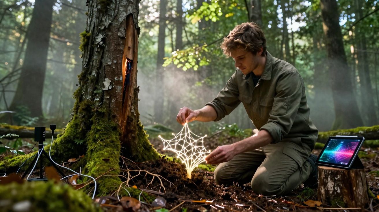 Homem ajoelhado numa floresta a manipular luz em padrão geometrico perto de arvore e tablet.
