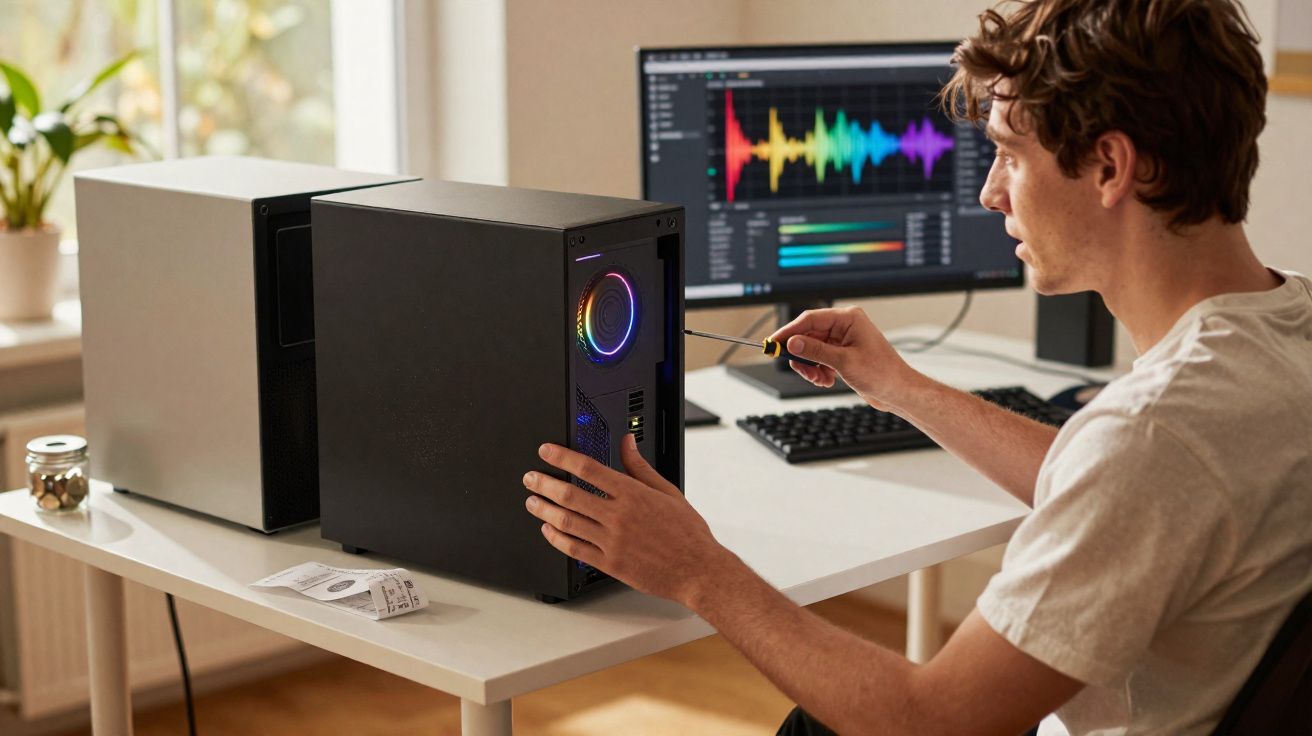 Homem a reparar computador de secretária com ferramenta, com monitor ao fundo a mostrar gráfico de áudio colorido.