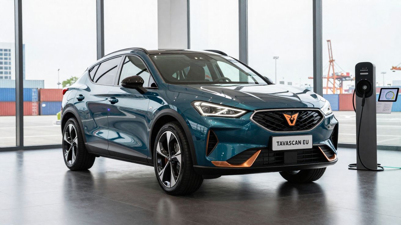 Carro elétrico CUPRA Tavascan EU azul exposto em showroom moderno com estação de carregamento ao lado.