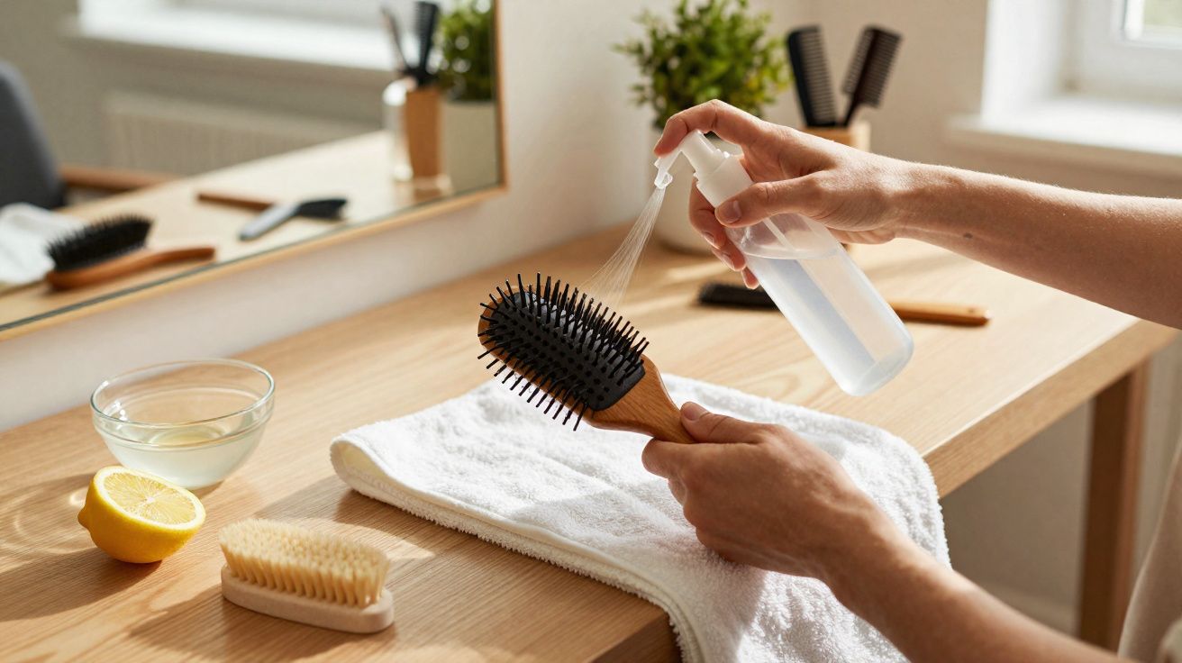 Pessoa a borrifar líquido numa escova de cabelo sobre uma toalha branca numa mesa de madeira.