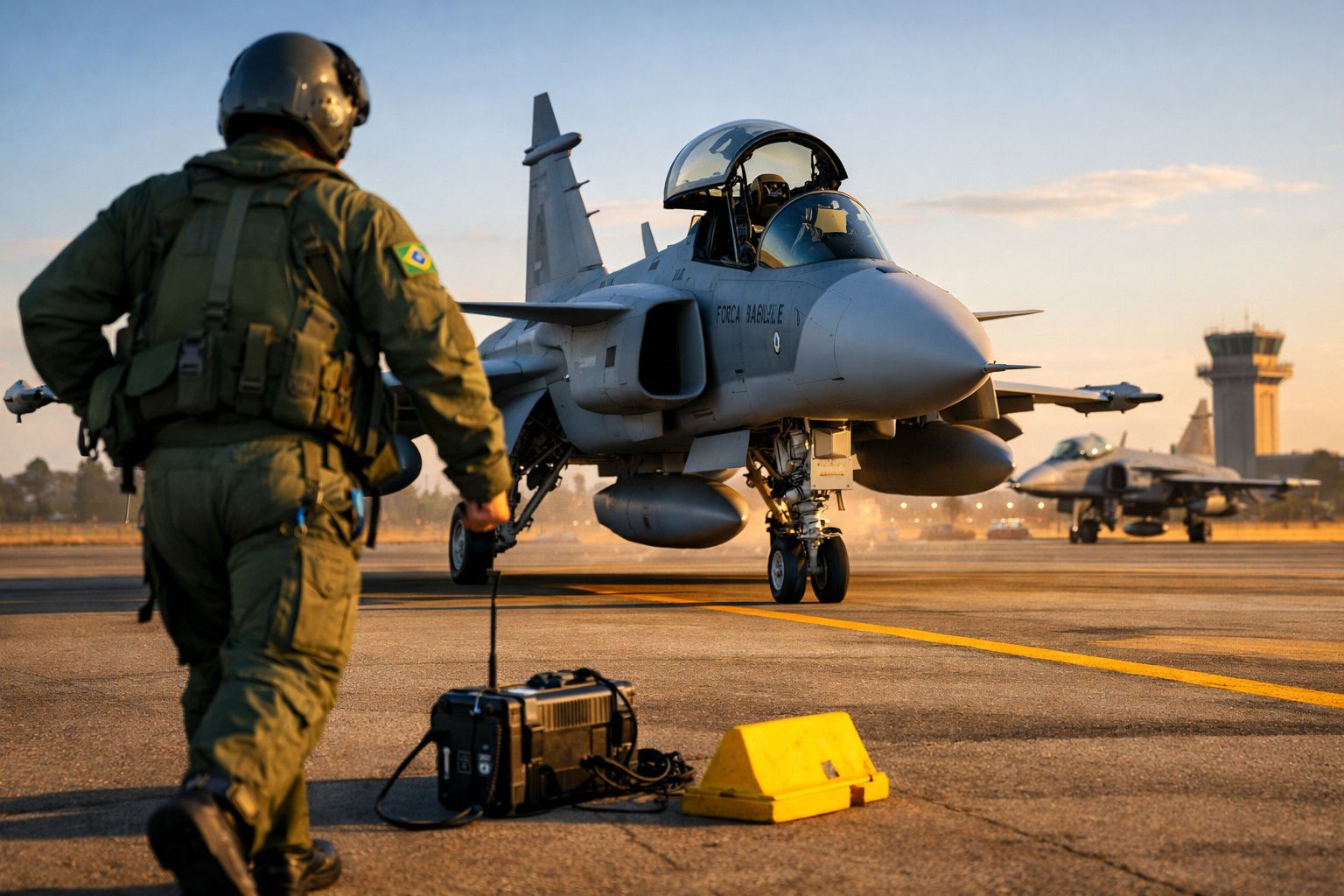 Militar com fato verde e capacete caminha até jato militar cinza numa pista de aterragem ao pôr do sol.