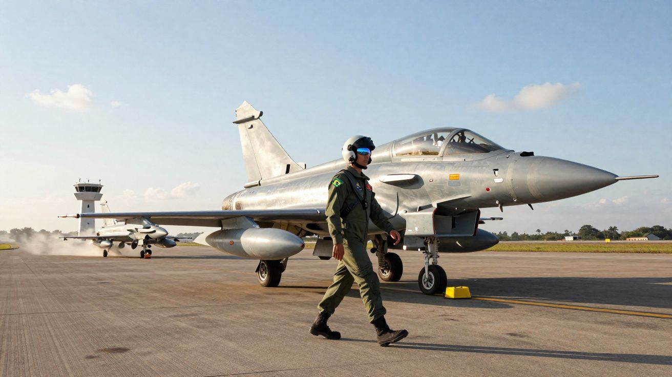 Piloto militar a caminhar junto a jato de combate estacionado numa pista de aeroporto sob céu limpo.