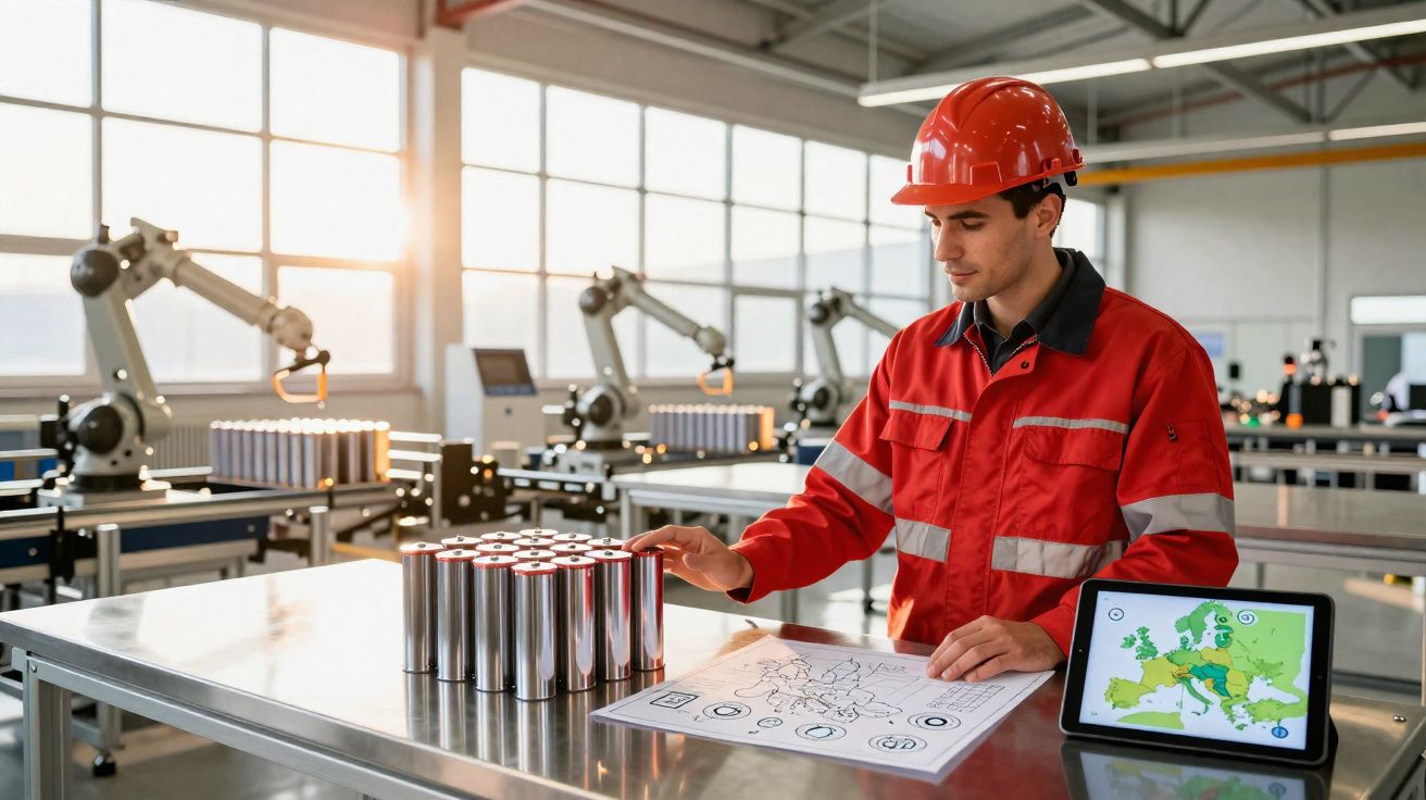 Trabalhador com fato de proteção vermelho numa fábrica a analisar cilindros metálicos e mapas numa mesa.