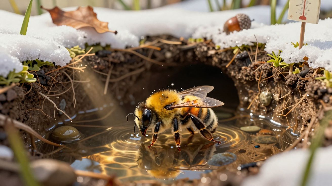 Abelha numa poça de água cercada por terra, neve, folhas secas e uma pequena termómetro.