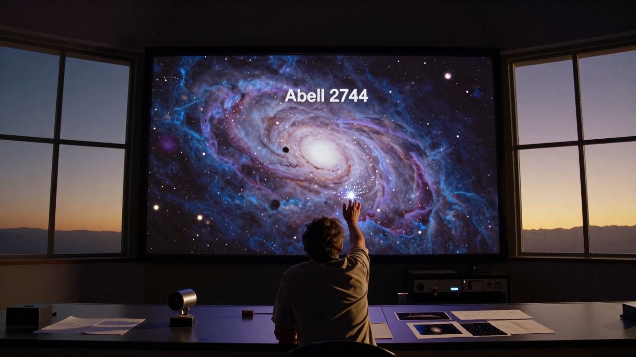 Pessoa sentada em sala escura a tocar e observar imagem da galáxia Abell 2744 num ecrã grande.