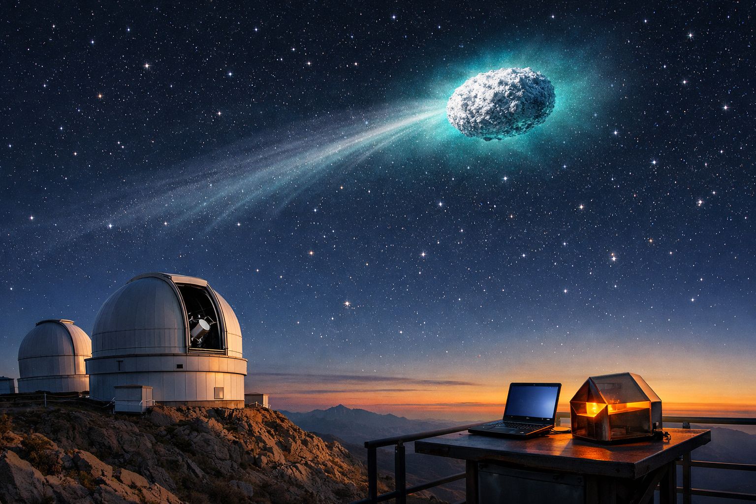Observatório astronómico numa montanha ao anoitecer com cometa brilhante no céu estrelado.