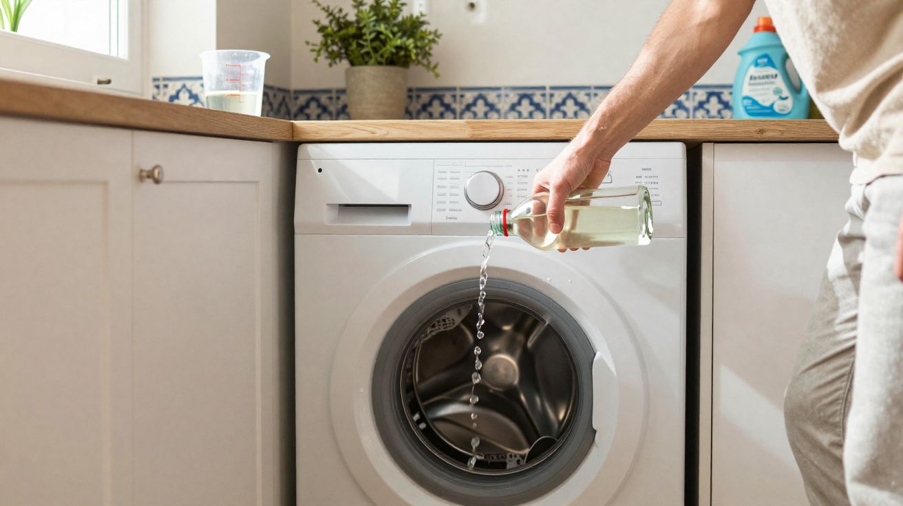 Pessoa a verter líquido numa máquina de lavar roupa branca numa cozinha com decoração simples.