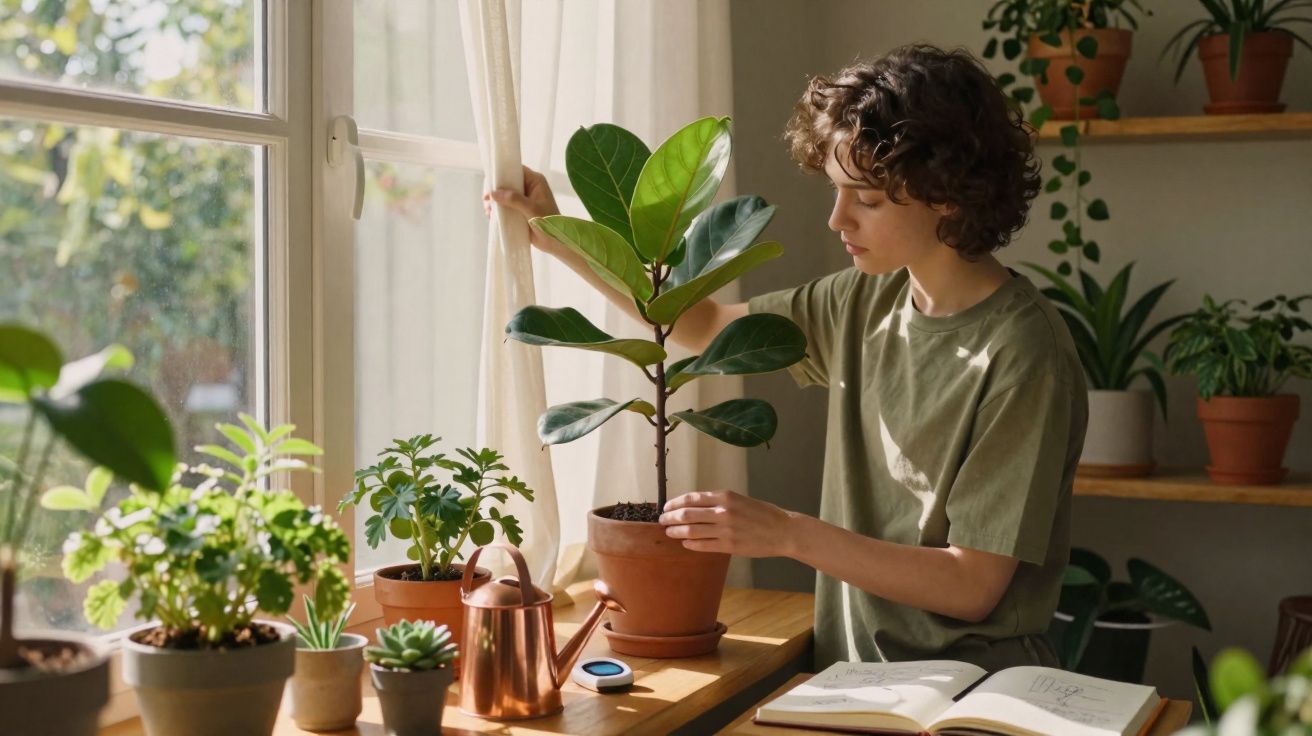 Jovem a cuidar de planta numa janela iluminada, rodeado de vasos e um livro aberto numa mesa de madeira.